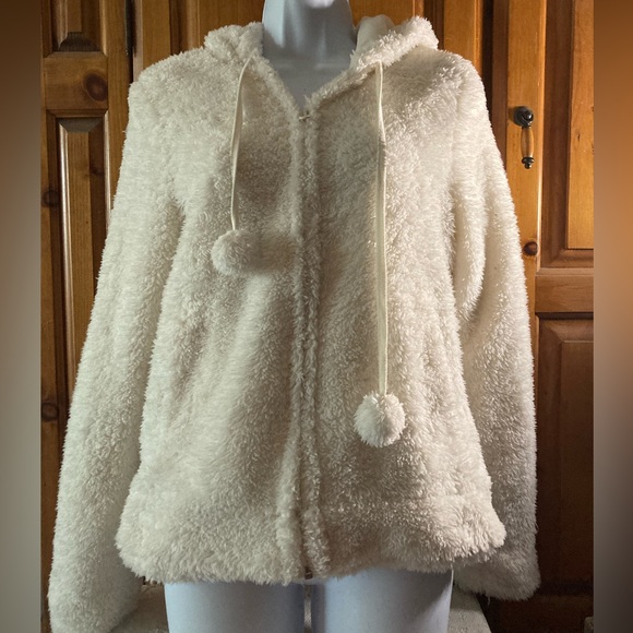 JJ Basics Womens Cream White Furry Pom Pom Hoodie Sweatshirt L Large - Picture 5 of 9